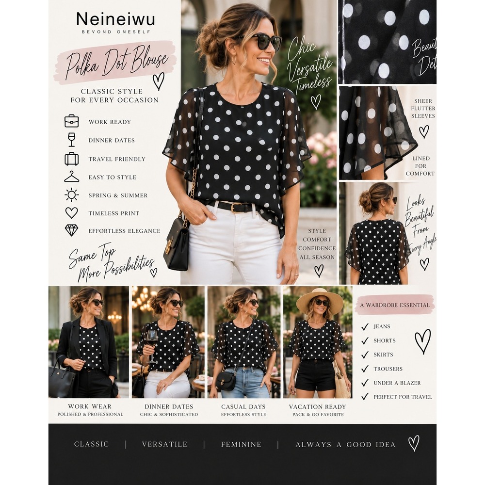 Neineiwu Black White Polka Dot Chiffon Blouse Split Flutter Bell Sleeve XL NWT